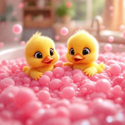 The primary subject of the image is two yellow rubber ducks sitting in a pink bubble bath. The setting is a bathroom, with a sink visible in the background. The visual style is a digital art, illustration, or drawing, creating a playful and fun atmosphere. The colors are predominantly pink and yellow, giving the scene a cheerful and lighthearted mood.